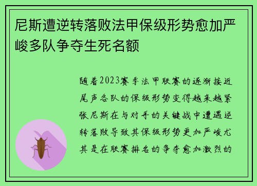 尼斯遭逆转落败法甲保级形势愈加严峻多队争夺生死名额