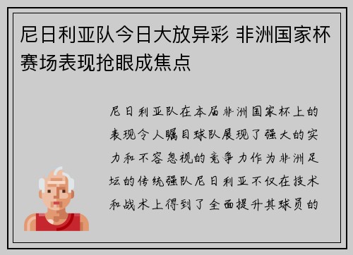 尼日利亚队今日大放异彩 非洲国家杯赛场表现抢眼成焦点