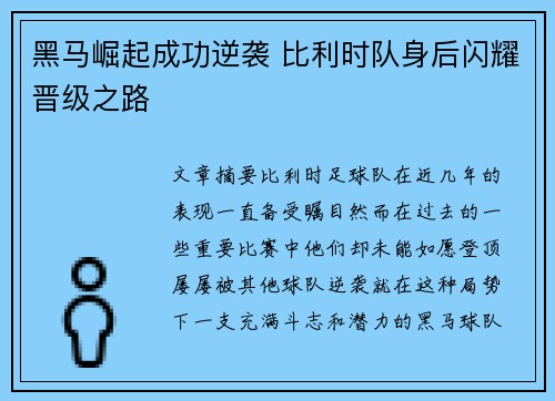 黑马崛起成功逆袭 比利时队身后闪耀晋级之路