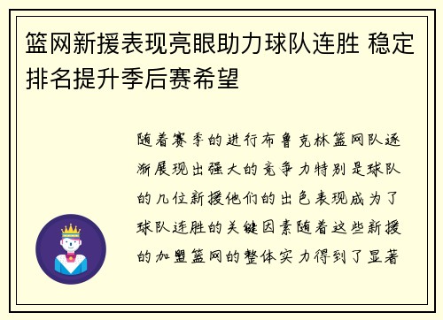 篮网新援表现亮眼助力球队连胜 稳定排名提升季后赛希望