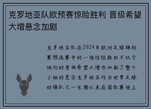 克罗地亚队欧预赛惊险胜利 晋级希望大增悬念加剧
