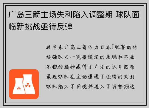 广岛三箭主场失利陷入调整期 球队面临新挑战亟待反弹