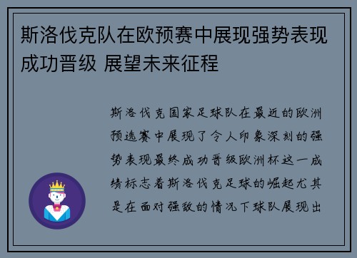 斯洛伐克队在欧预赛中展现强势表现成功晋级 展望未来征程