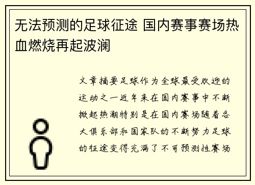 无法预测的足球征途 国内赛事赛场热血燃烧再起波澜