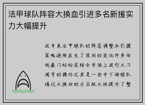 法甲球队阵容大换血引进多名新援实力大幅提升