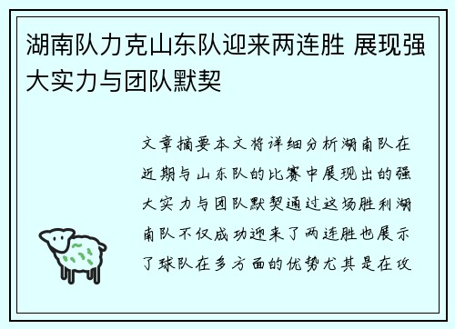 湖南队力克山东队迎来两连胜 展现强大实力与团队默契