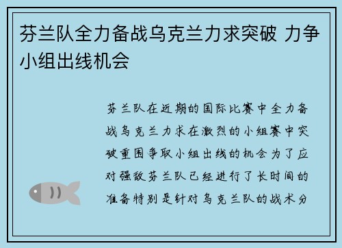 芬兰队全力备战乌克兰力求突破 力争小组出线机会
