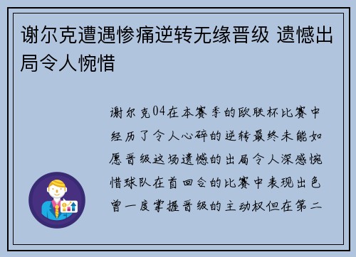 谢尔克遭遇惨痛逆转无缘晋级 遗憾出局令人惋惜