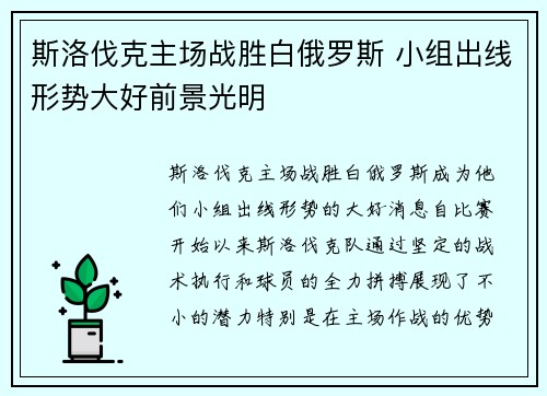 斯洛伐克主场战胜白俄罗斯 小组出线形势大好前景光明