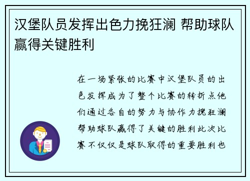 汉堡队员发挥出色力挽狂澜 帮助球队赢得关键胜利