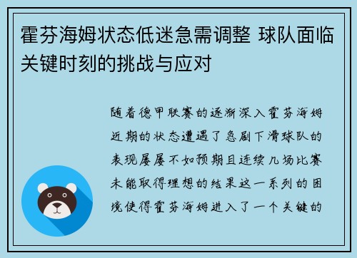 霍芬海姆状态低迷急需调整 球队面临关键时刻的挑战与应对