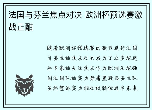 法国与芬兰焦点对决 欧洲杯预选赛激战正酣